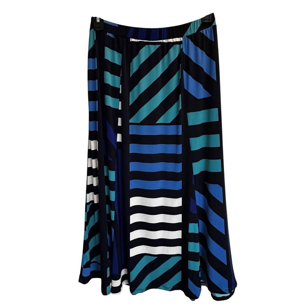 Susan Graver Blue Geometric Striped Midi Skirt Elastic Waist Petite Medium MP